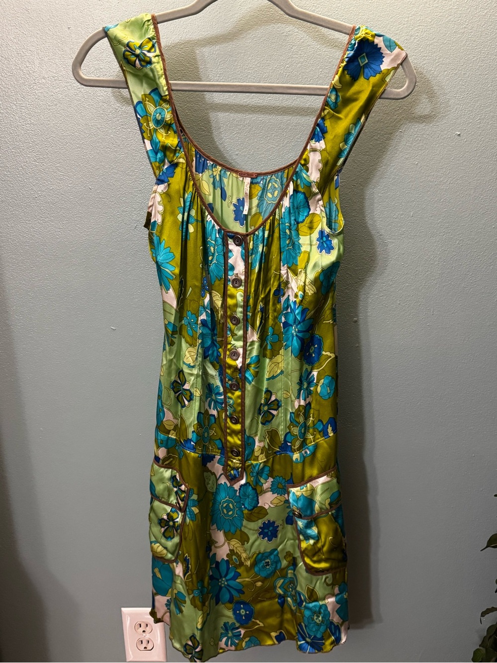 Free People Olive Green and Teal Floral Button-Front Sundress